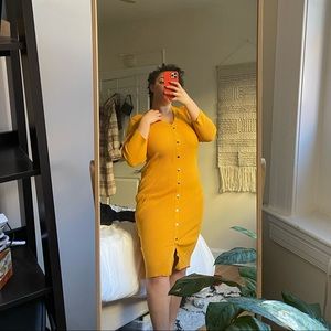Yellow ribbed midi body con dress